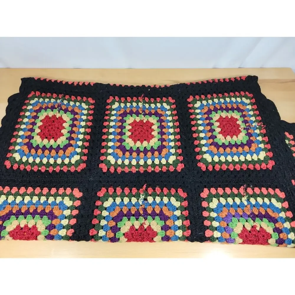Vintage Black Granny Square Afghan Crochet Lap Blanket Throw Handmade 70x32